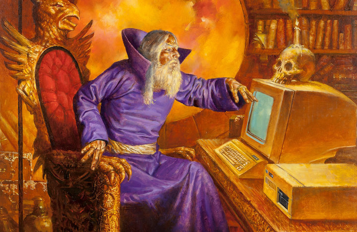 Painting of a wizard using a desktop computer by Douglas Beekman
