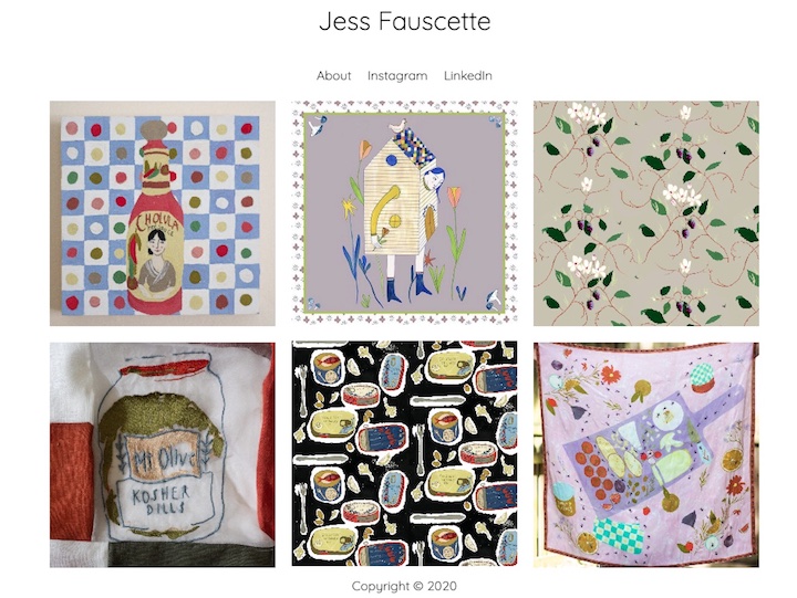Screenshot of WordPress site with grid of artwork by Jess Fauscette